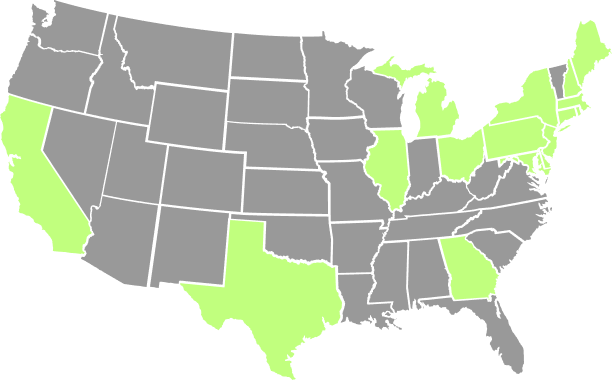 United States map with serviceable states highlighted in green